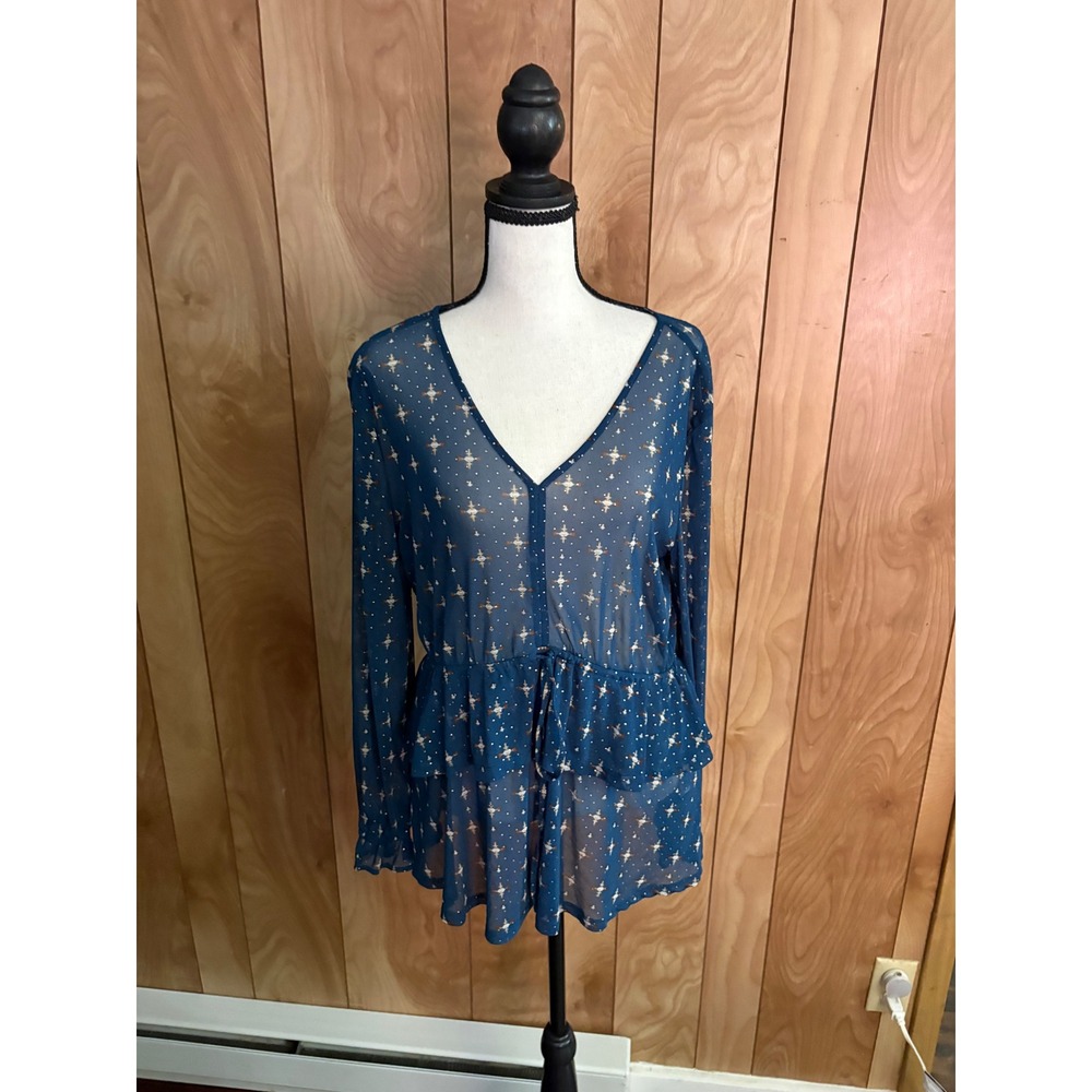 Style & Co Womens Blue Star Print Sheer Mesh Peplum V-Neck Blouse Top Medium
